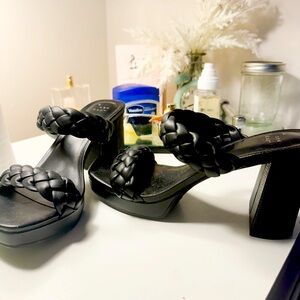 Black thick heeled braided heels